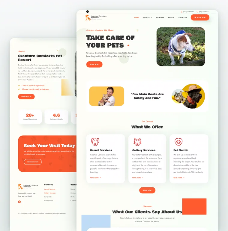 Creature Comforts Pet Resort website mockup, kennel and cattery booking