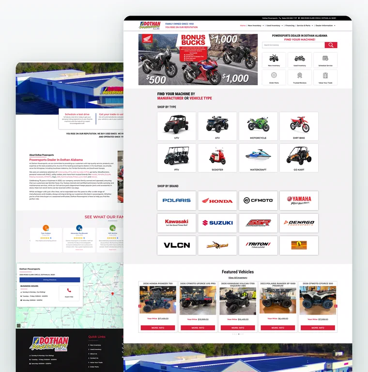 Dothan Powersports dealer website mockup with shop by type and brand