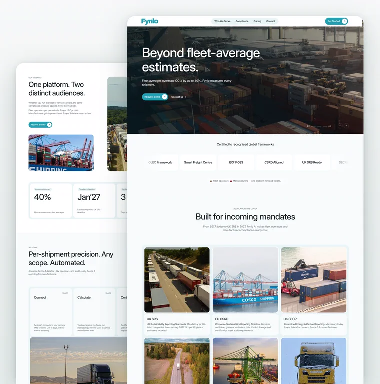 Fynlo carbon reporting platform website mockup, desktop homepage design
