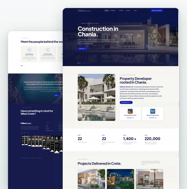 Hellenic Homes property developer website mockup, desktop homepage design