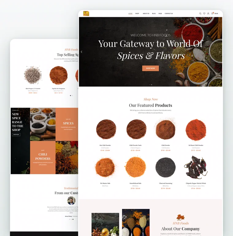 HNB Foods spice e-commerce store website mockup