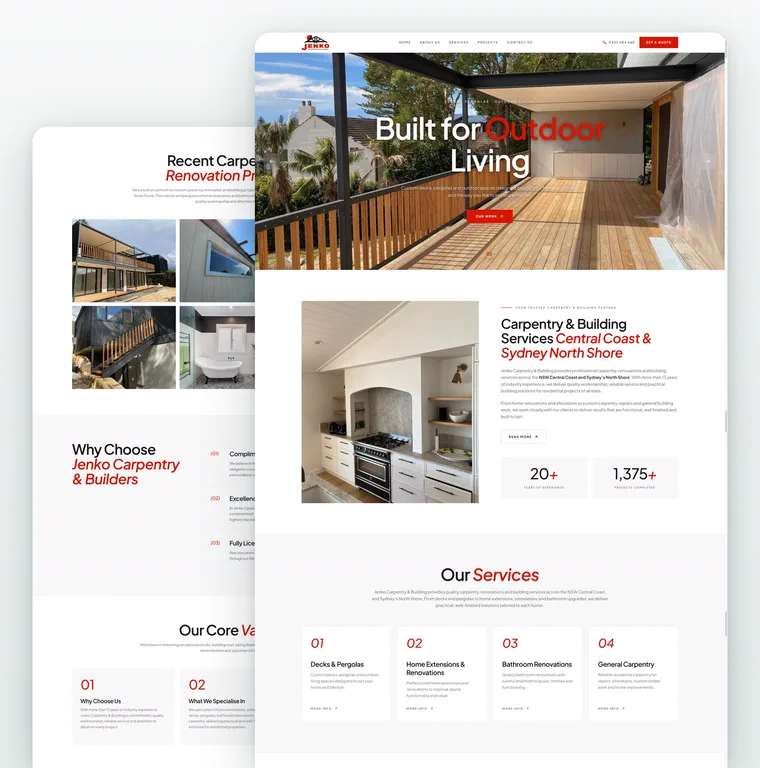 Jenko Carpentry & Builders website mockup, desktop homepage design