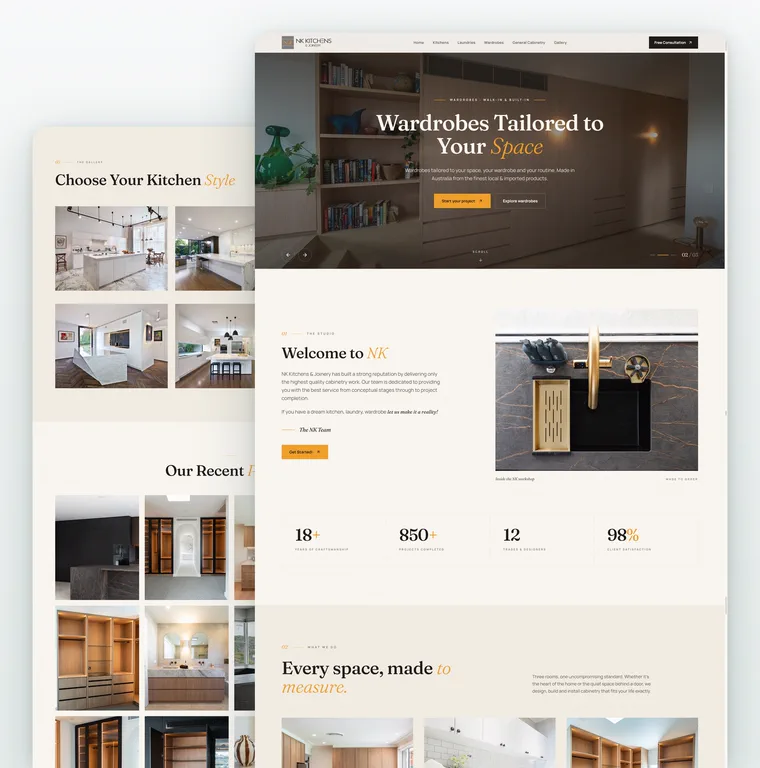 NK Kitchens & Joinery website mockup, desktop homepage design