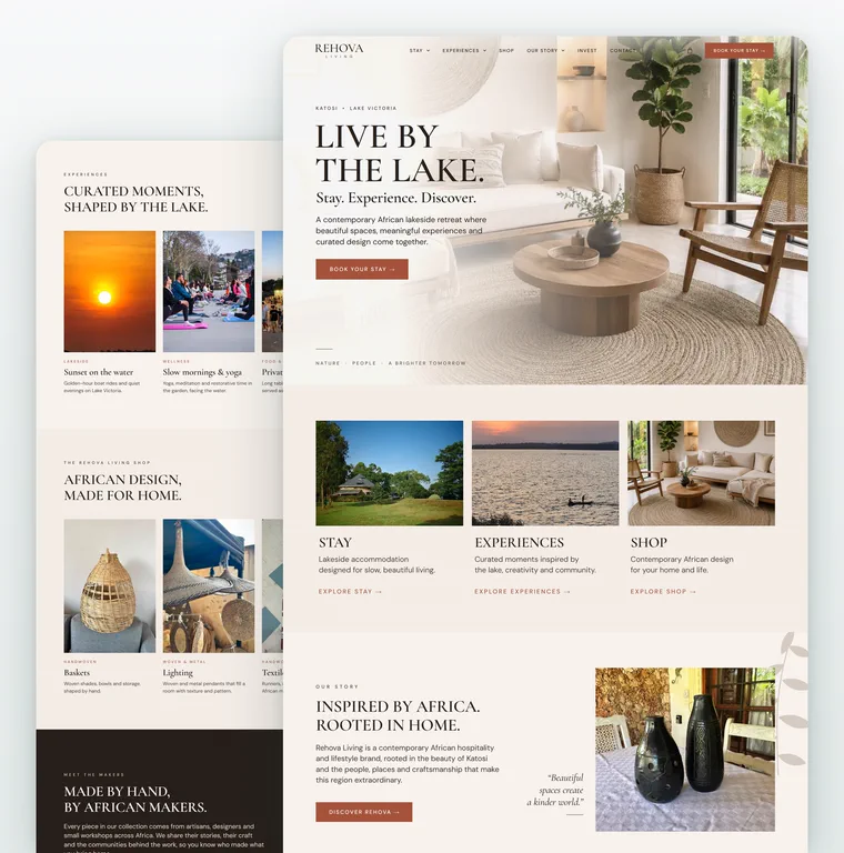 Rehova Living lakeside retreat and lifestyle brand website mockup
