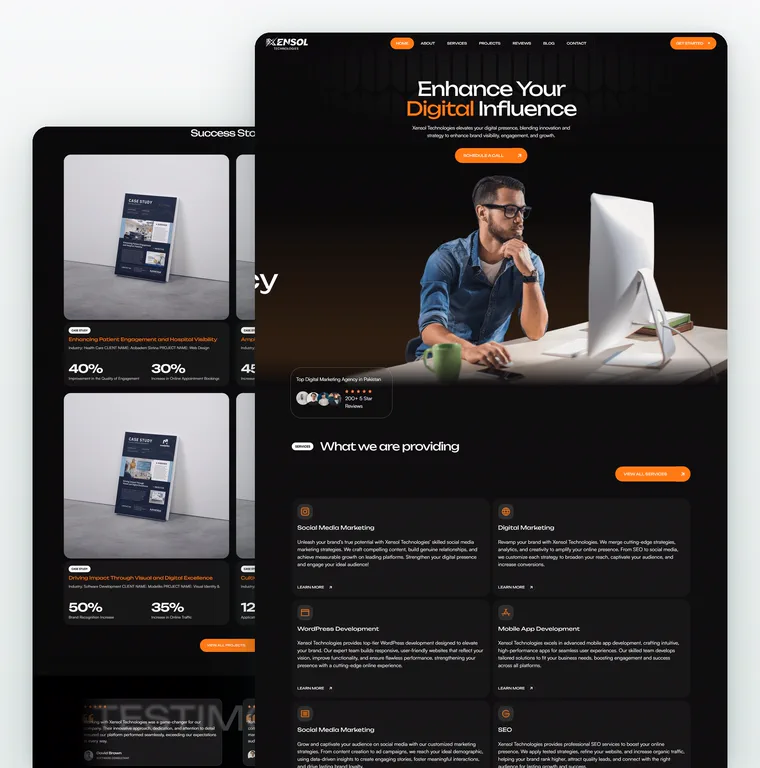 Xensol Technologies digital marketing agency website mockup, desktop homepage design